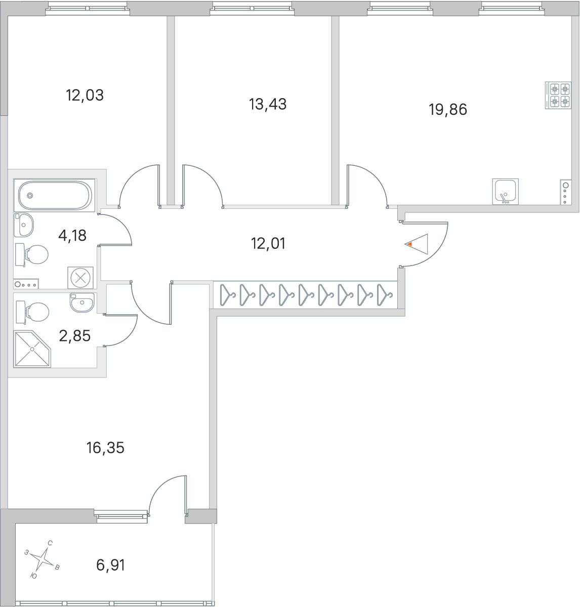 Планировка: 3-комнатная квартира, 80,7 м²
