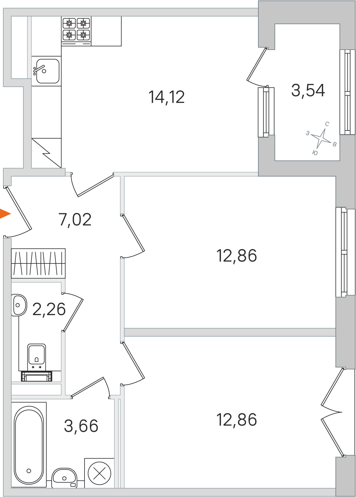 Планировка: 2-комнатная квартира, 52,8 м²