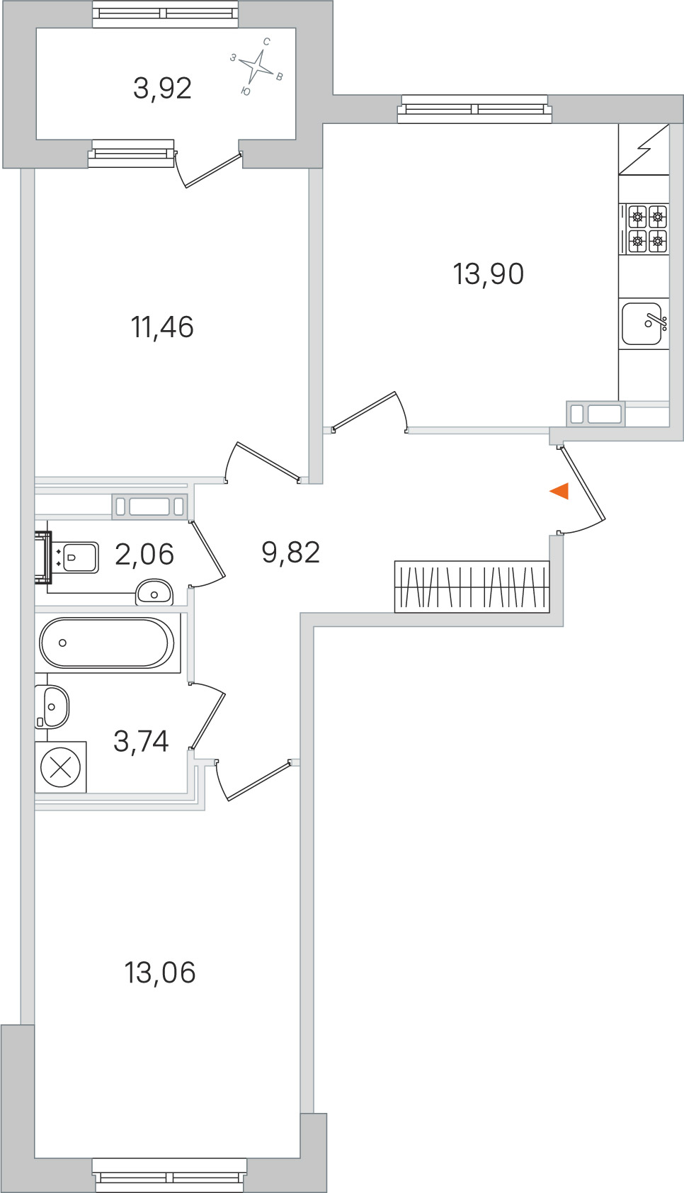 Планировка: 2-комнатная квартира, 54,0 м²