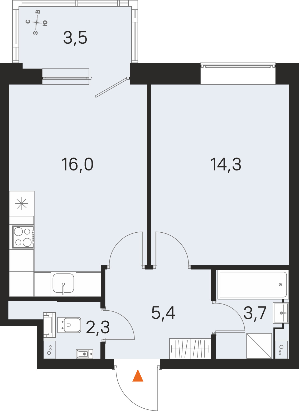 Планировка: 1-комнатная квартира, 41,7 м²