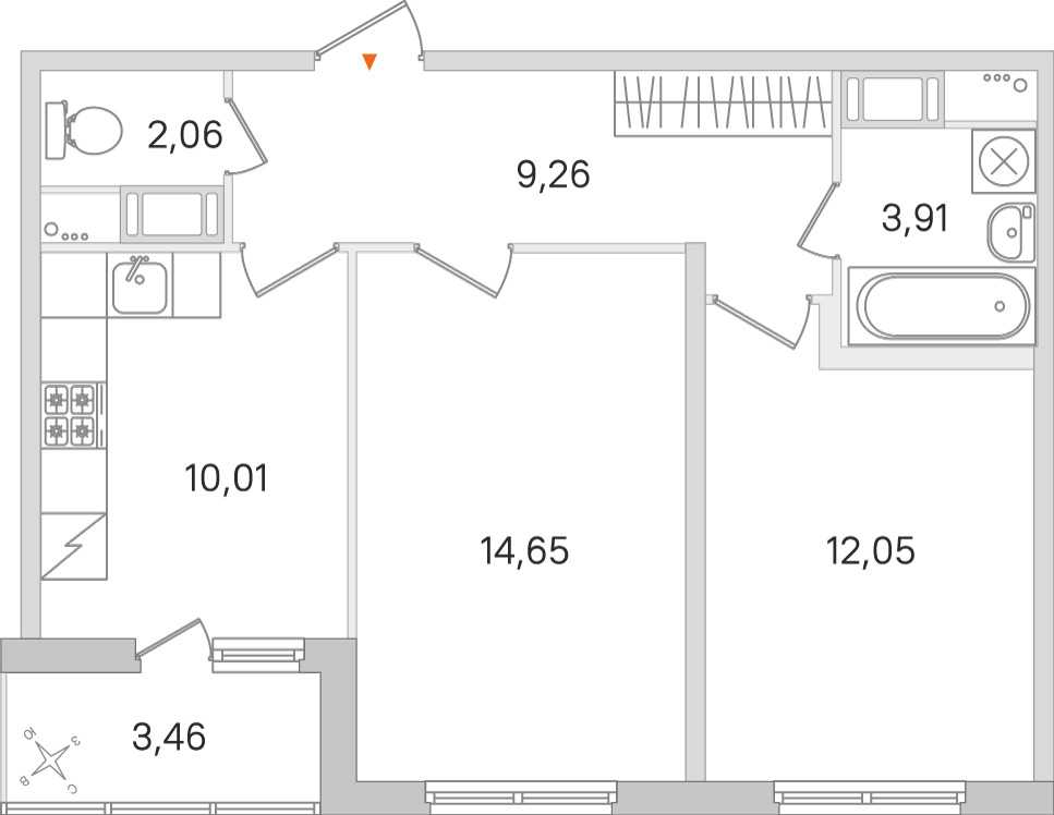 Планировка: 2-комнатная квартира, 51,9 м²