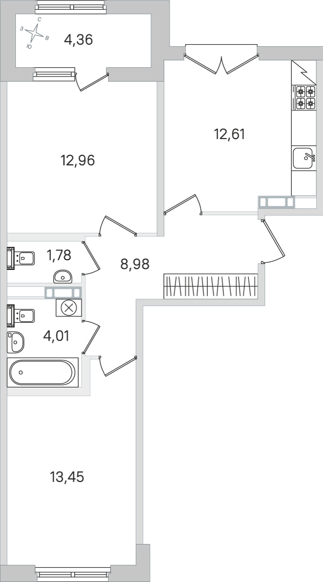 Планировка: 2-комнатная квартира, 53,8 м²