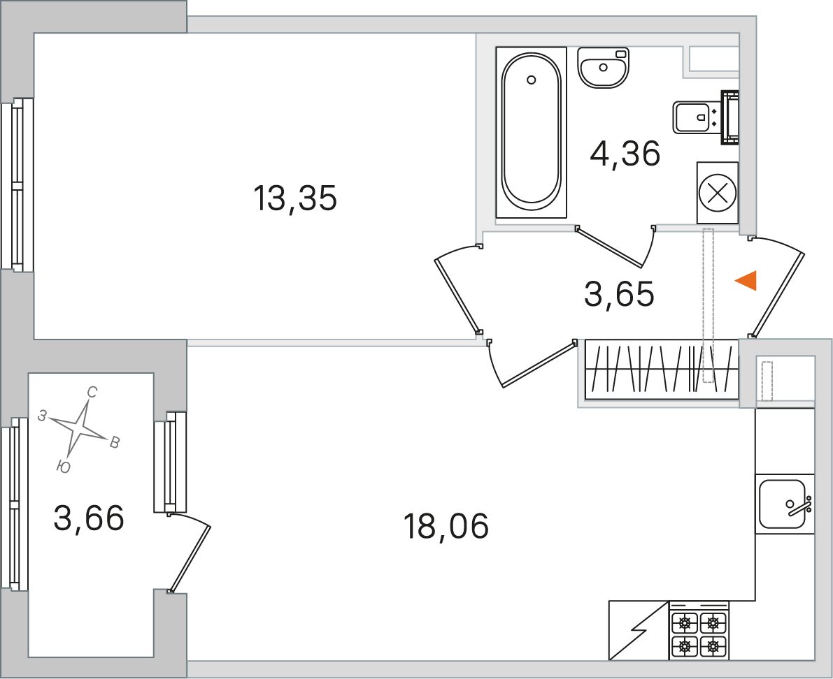 Планировка: 1-комнатная квартира, 39,4 м²