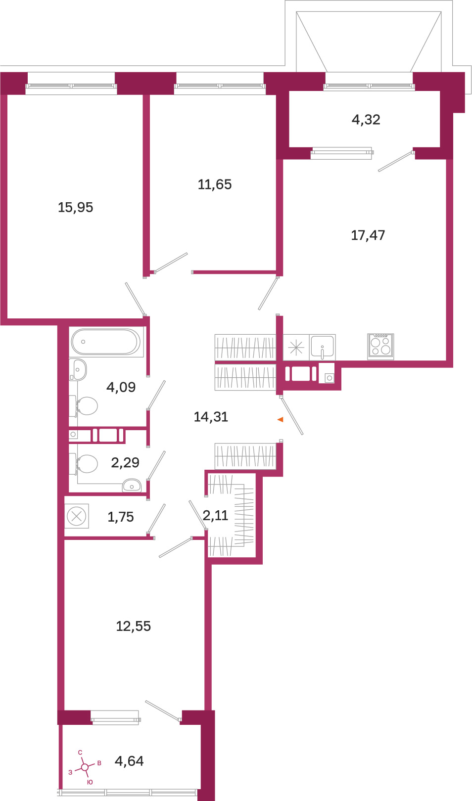 Планировка: 3-комнатная квартира, 82,2 м²
