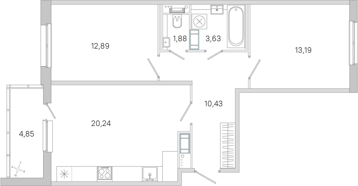 Планировка: 2-комнатная квартира, 62,3 м²
