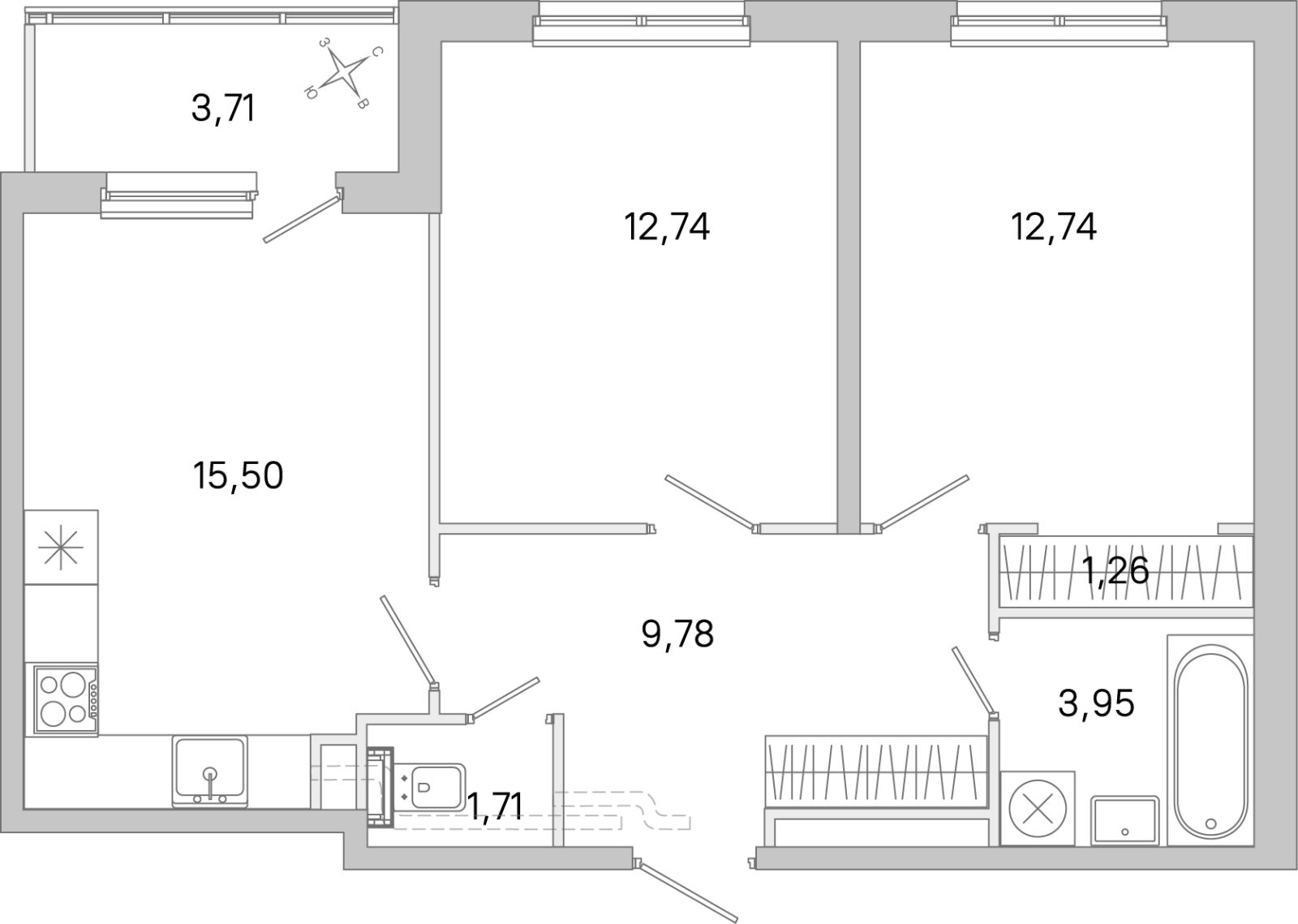 Планировка: 2-комнатная квартира, 57,7 м²