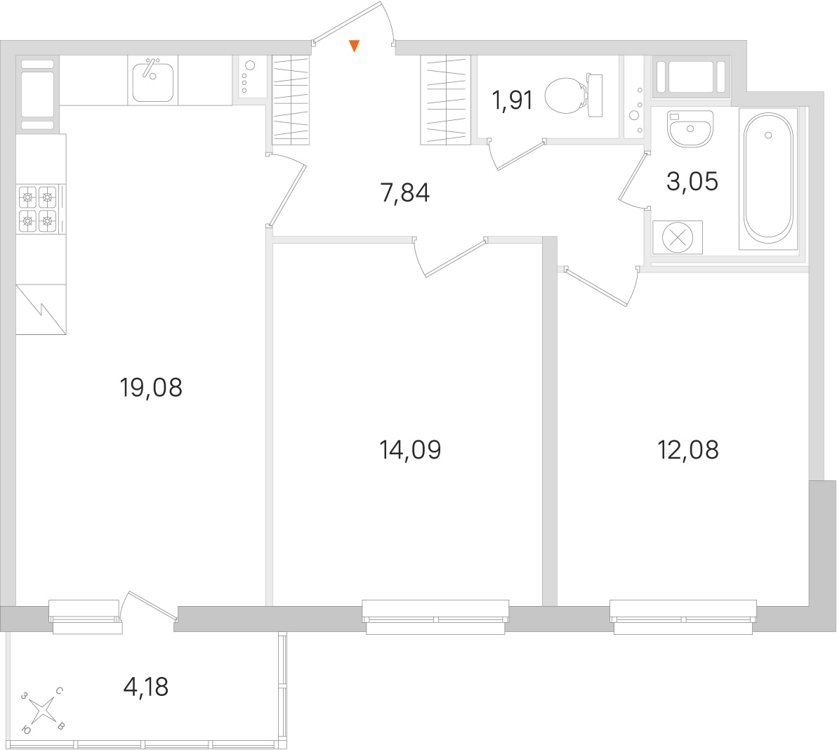 Планировка: 2-комнатная квартира, 58,1 м²
