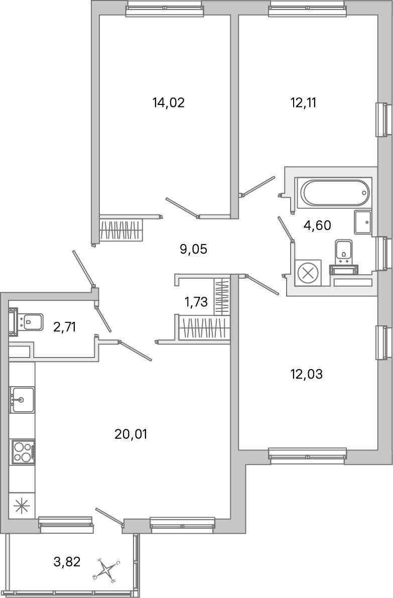 Планировка: 3-комнатная квартира, 76,3 м²
