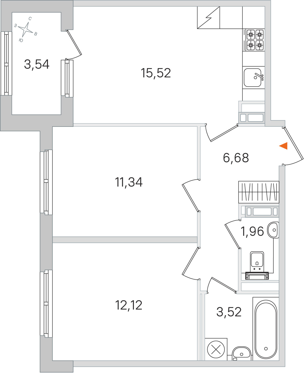 Планировка: 2-комнатная квартира, 51,1 м²