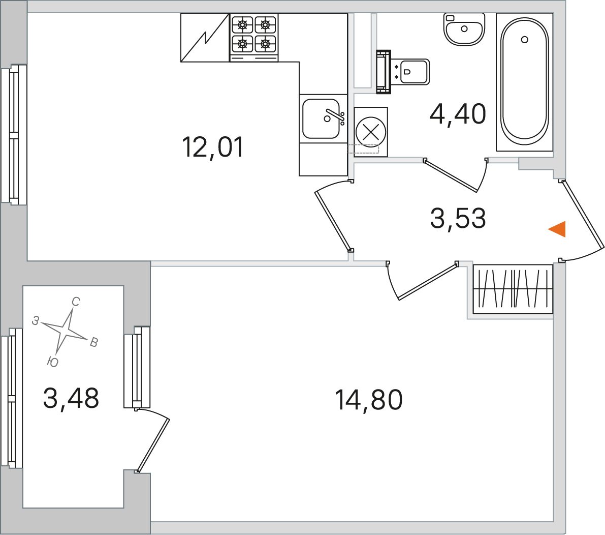 Планировка: 1-комнатная квартира, 34,7 м²