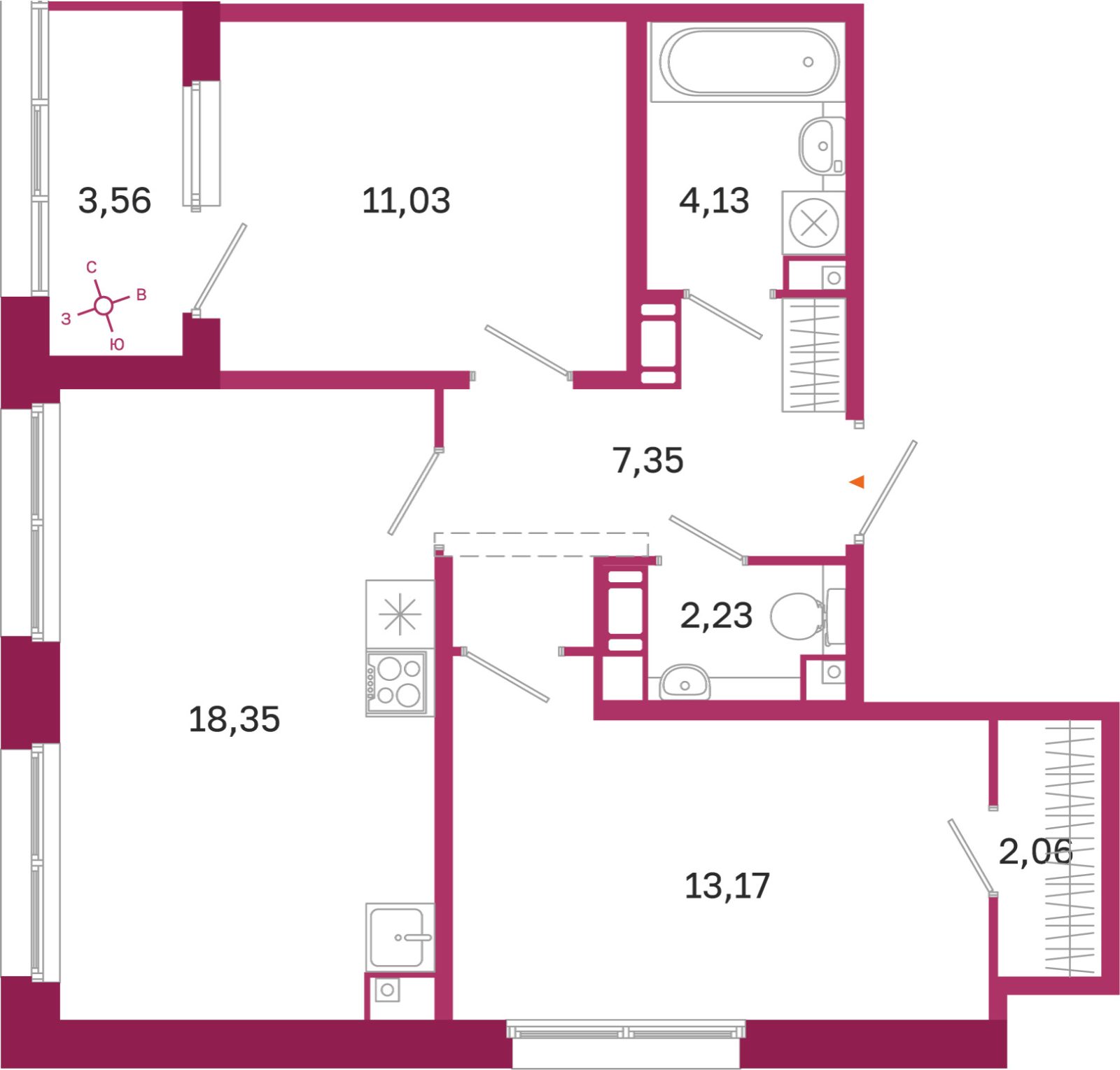 Планировка: 2-комнатная квартира, 58,3 м²