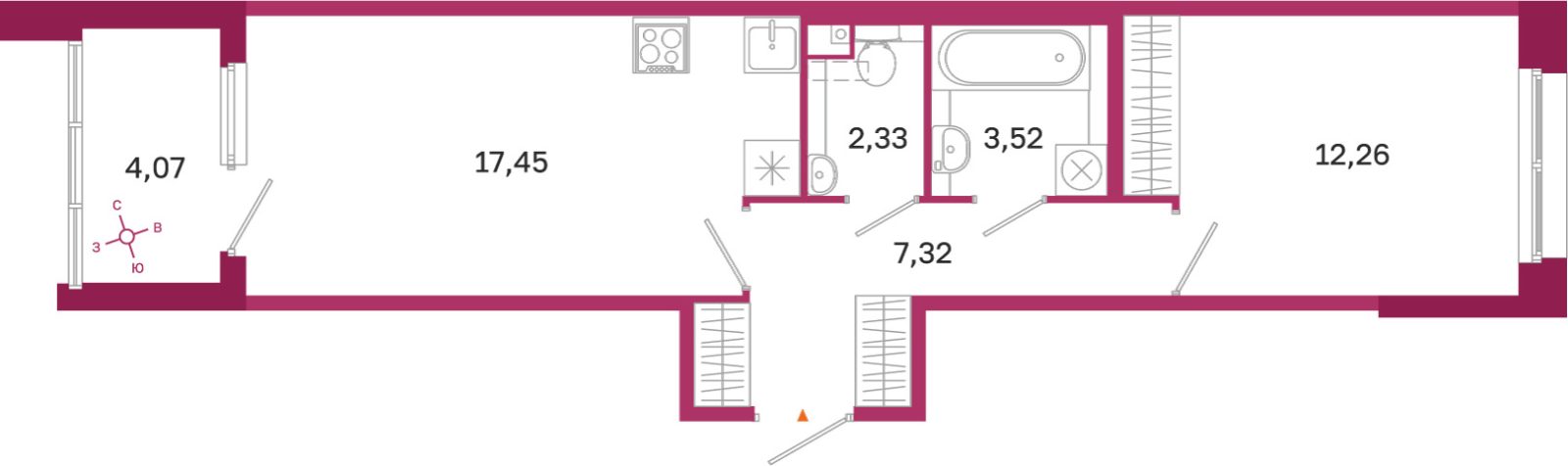 Планировка: 1-комнатная квартира, 42,9 м²