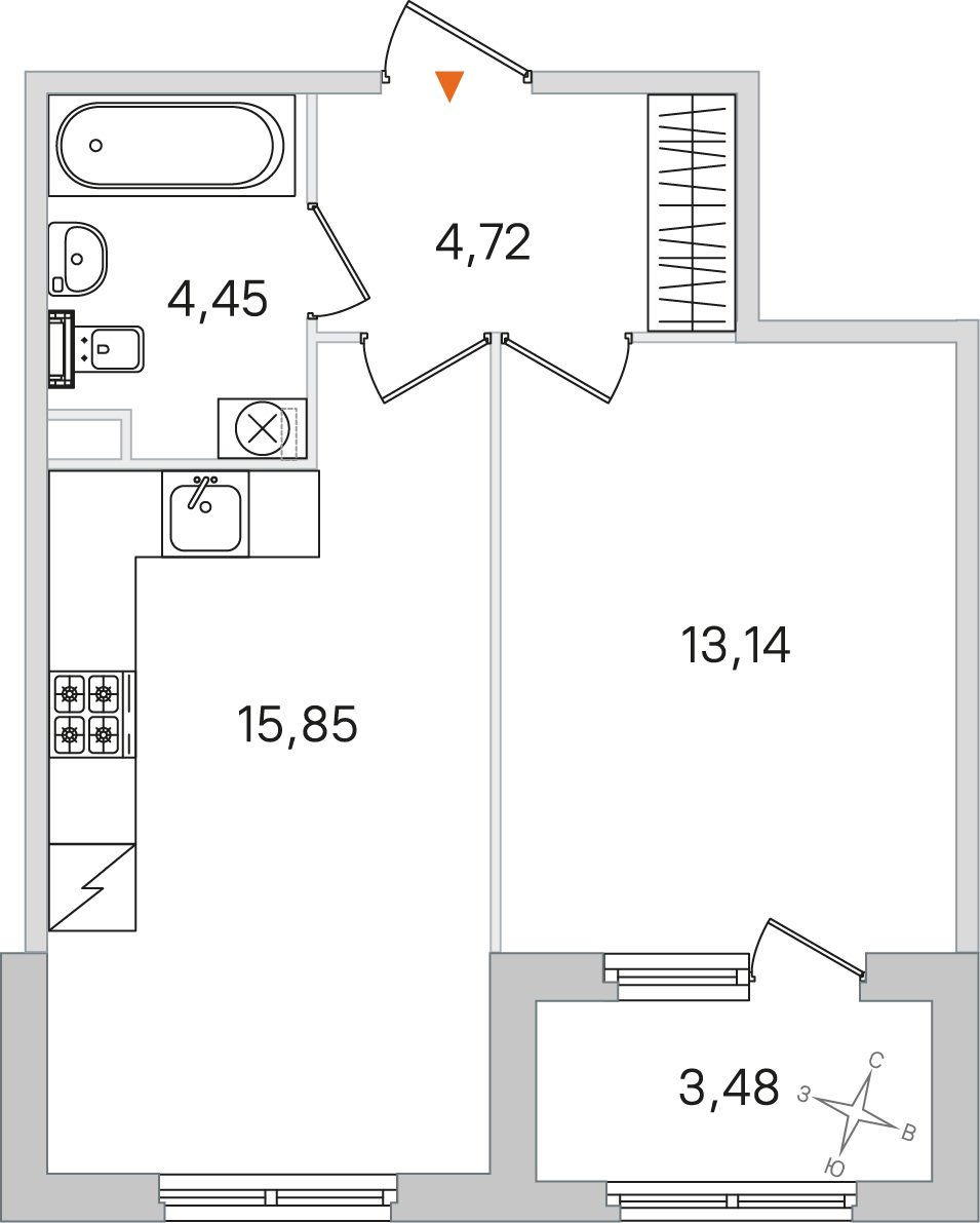 Планировка: 1-комнатная квартира, 38,2 м²