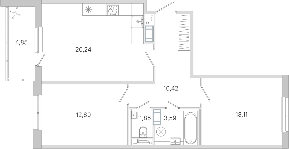 Планировка: 2-комнатная квартира, 62,0 м²