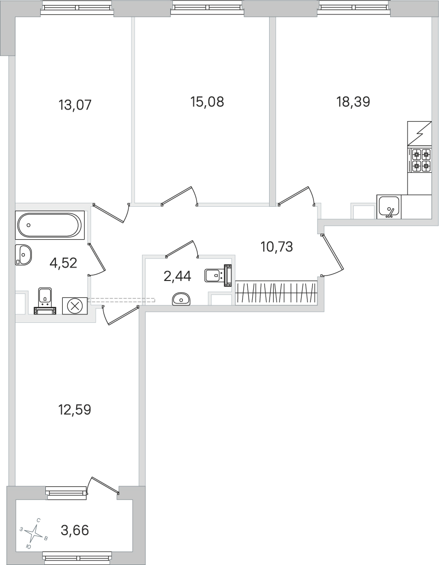 Планировка: 3-комнатная квартира, 76,8 м²