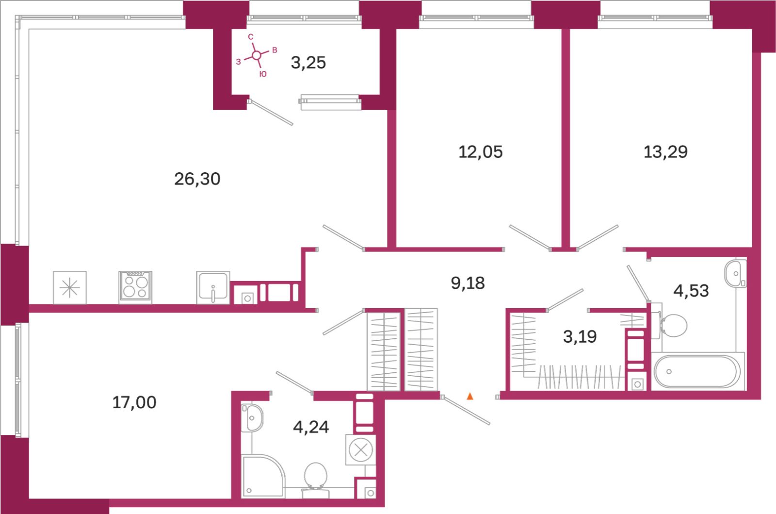 Планировка: 3-комнатная квартира, 89,8 м²