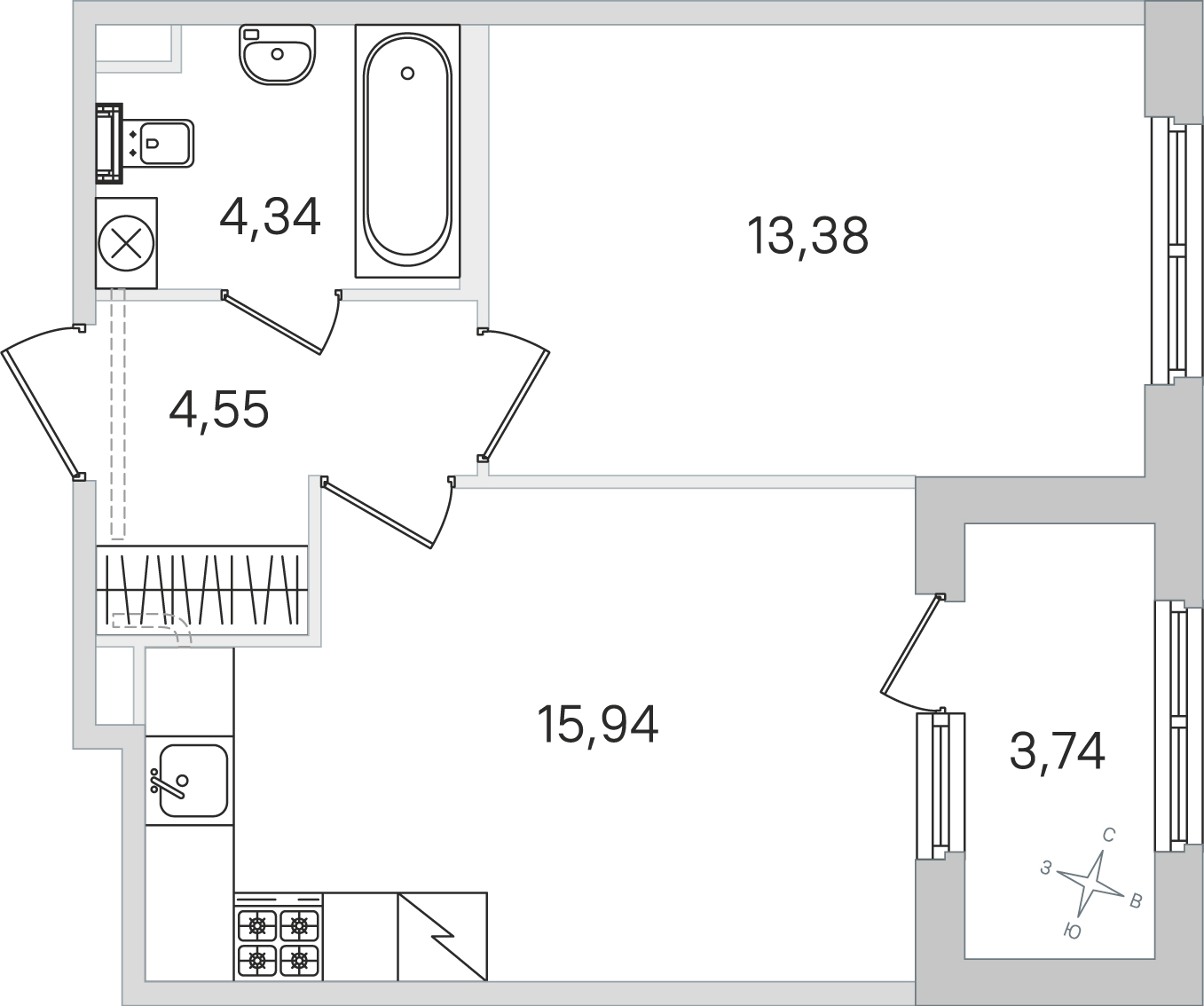 Планировка: 1-комнатная квартира, 38,2 м²