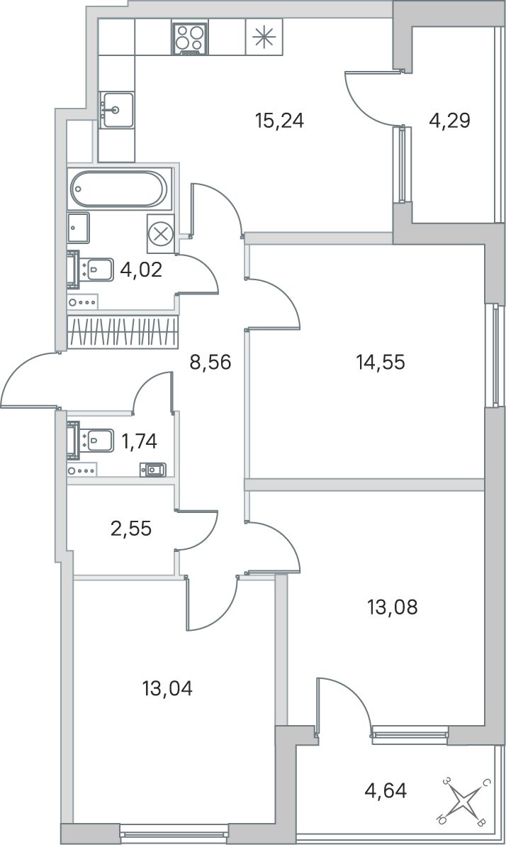 Планировка: 3-комнатная квартира, 72,8 м²