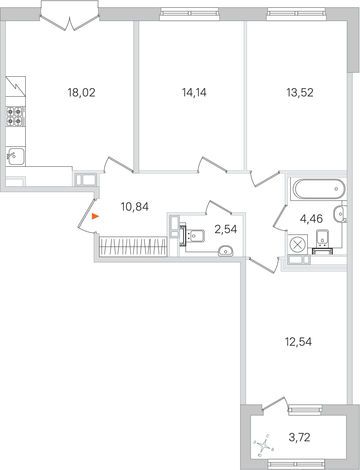 Планировка: 3-комнатная квартира, 76,1 м²