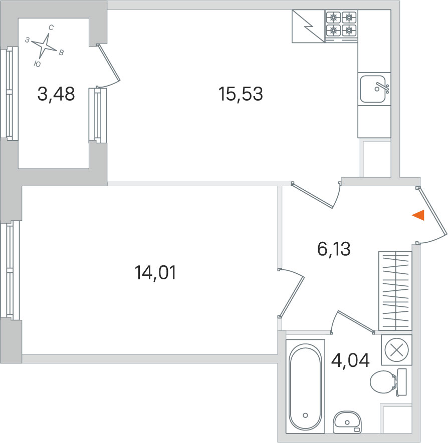 Планировка: 1-комнатная квартира, 39,7 м²