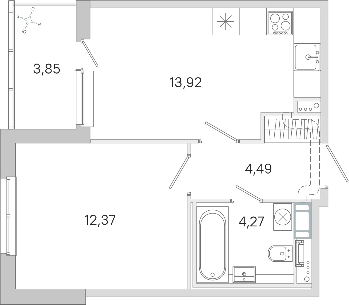 Планировка: 1-комнатная квартира, 35,1 м²