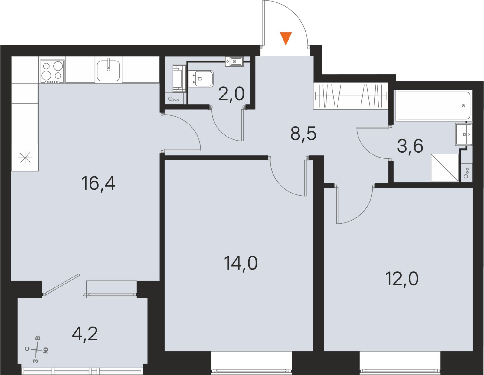 Планировка: 2-комнатная квартира, 56,5 м²