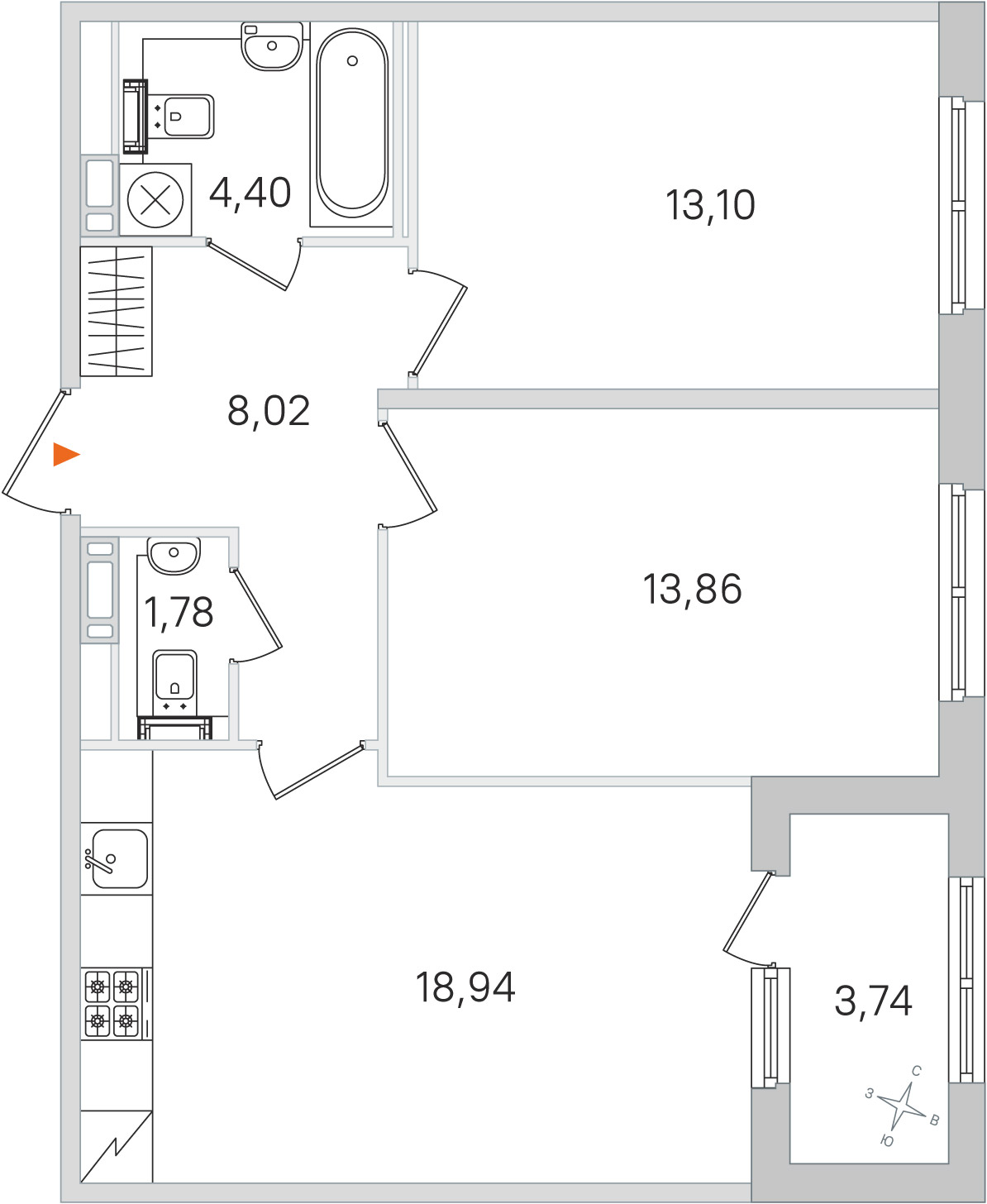 Планировка: 2-комнатная квартира, 60,1 м²