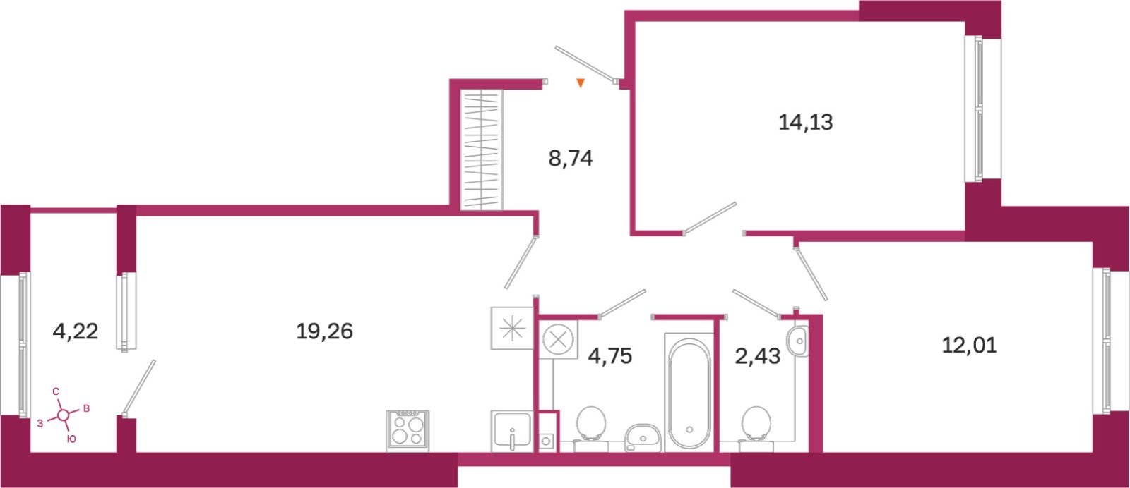 Планировка: 2-комнатная квартира, 61,3 м²