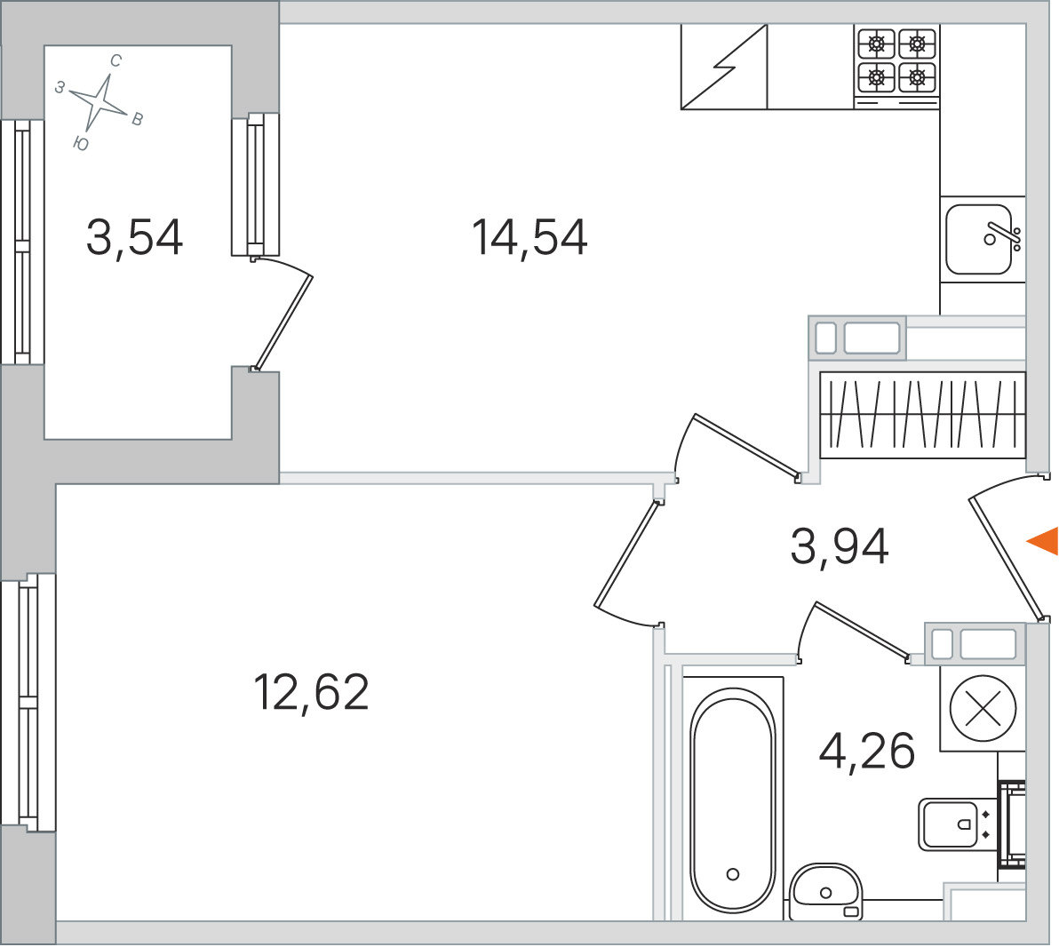 Планировка: 1-комнатная квартира, 35,4 м²
