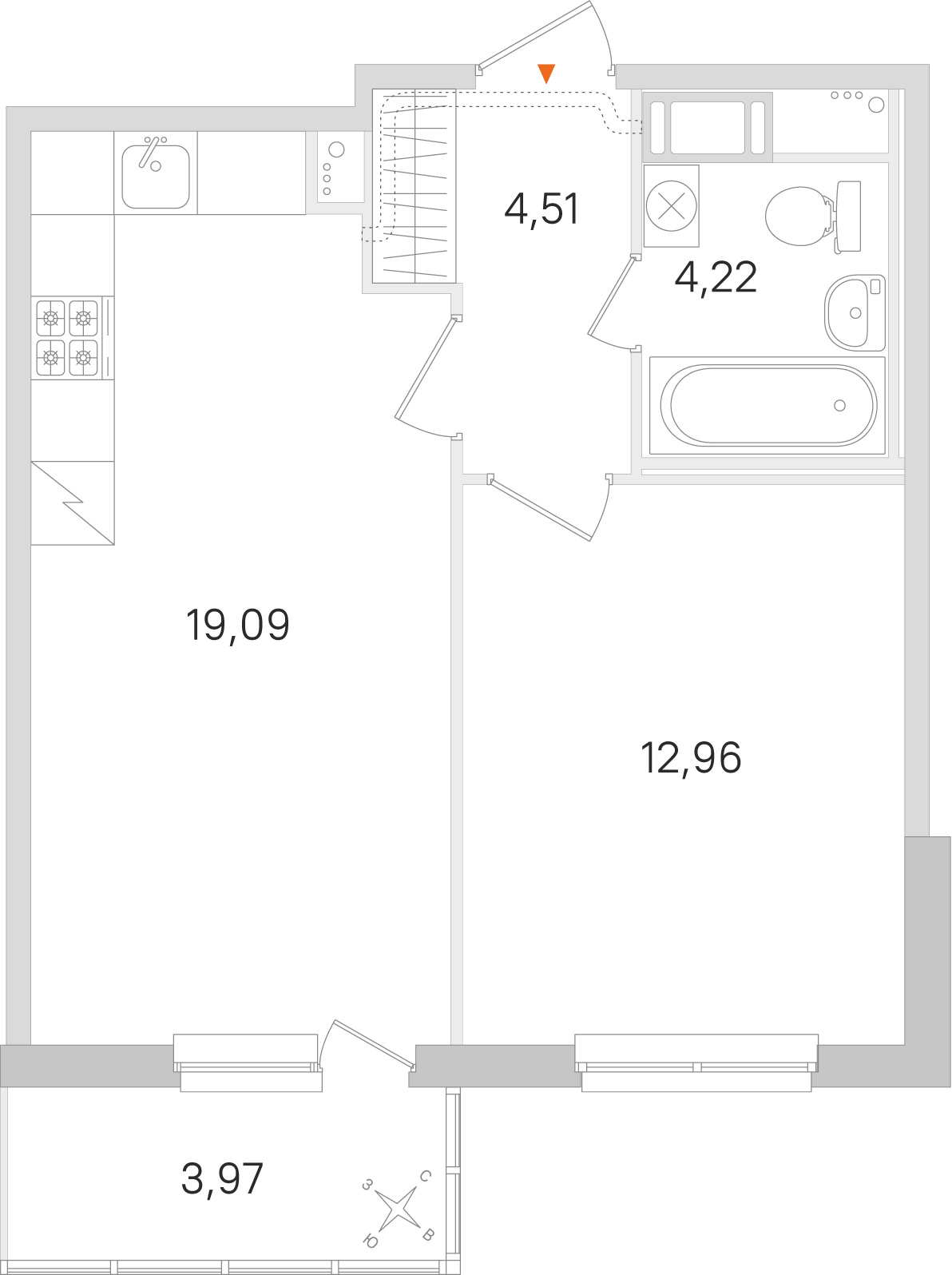 Планировка: 1-комнатная квартира, 40,8 м²