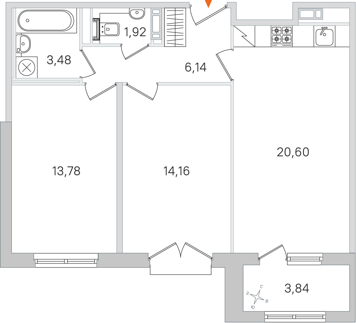 Планировка: 2-комнатная квартира, 60,1 м²