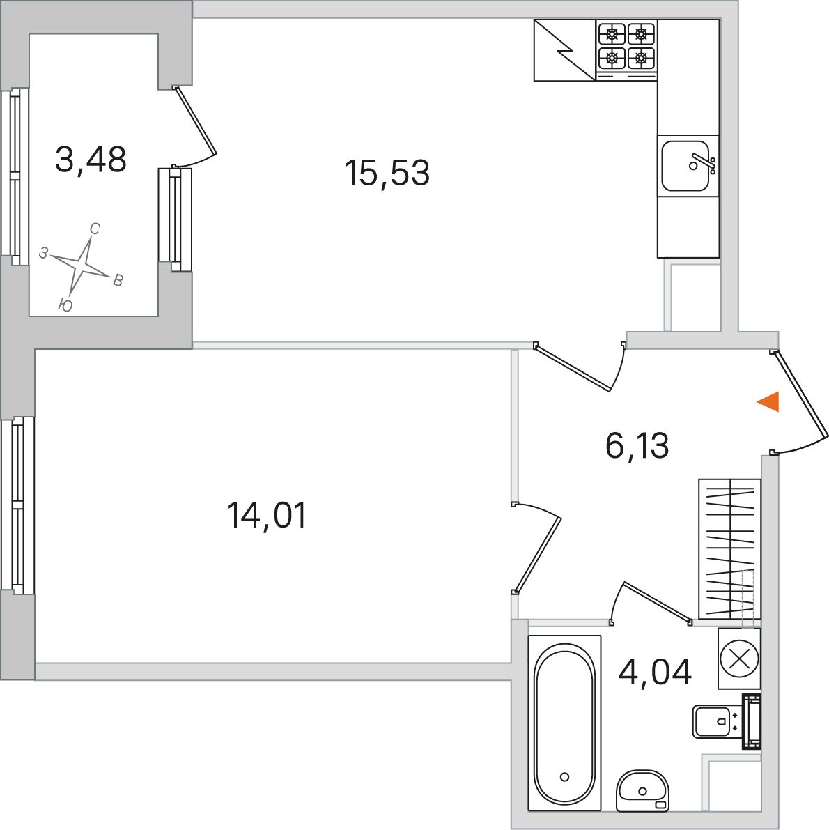Планировка: 1-комнатная квартира, 39,7 м²