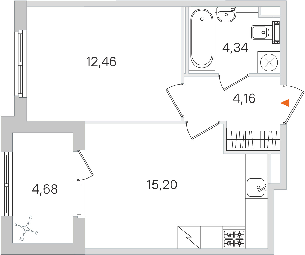 Планировка: 1-комнатная квартира, 36,2 м²