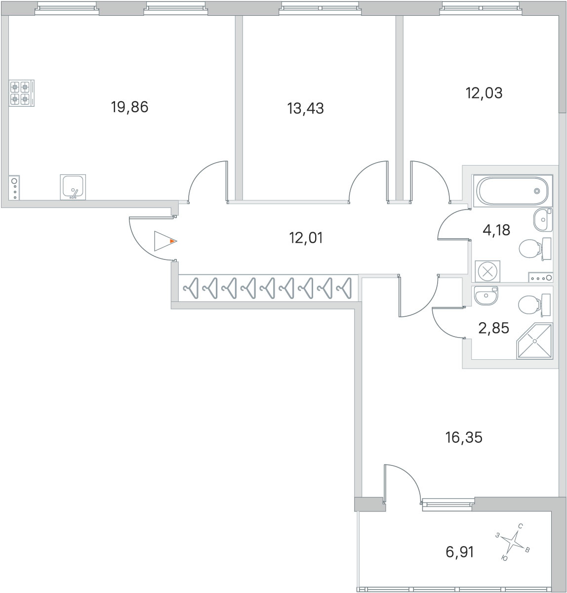 Планировка: 3-комнатная квартира, 80,7 м²