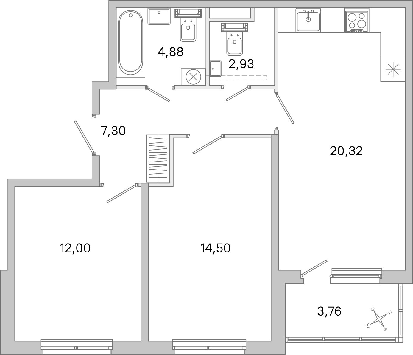 Планировка: 2-комнатная квартира, 61,9 м²