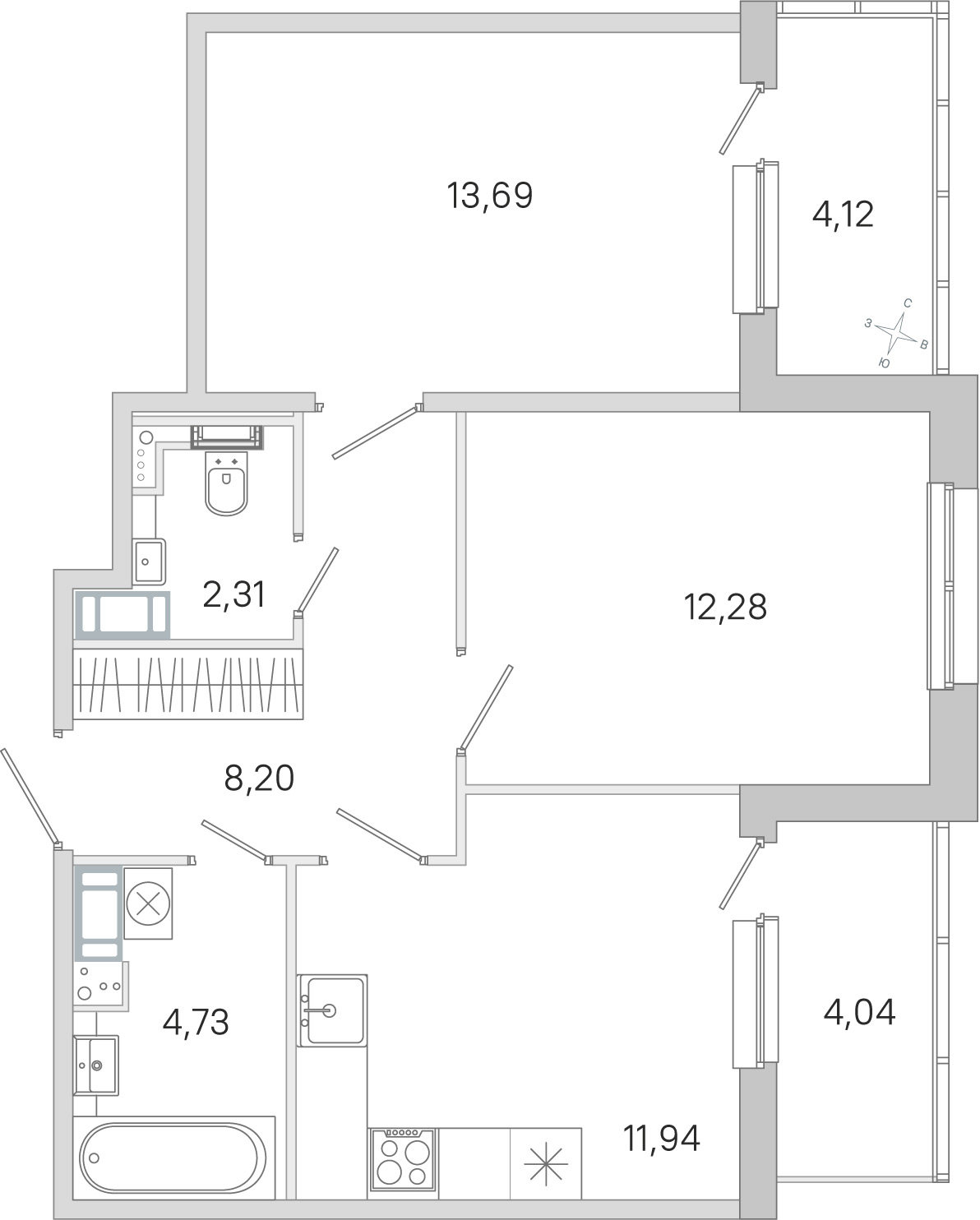 Планировка: 2-комнатная квартира, 53,2 м²