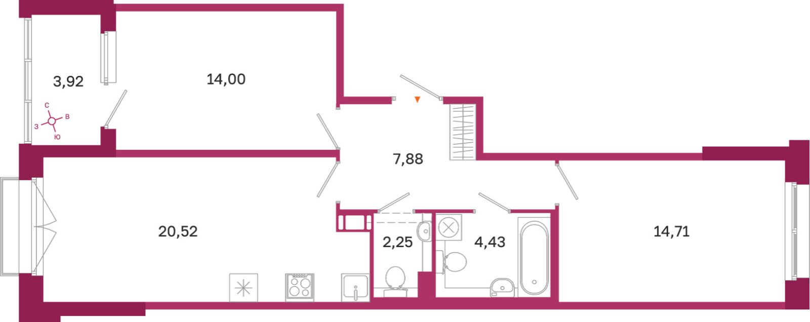 Планировка: 2-комнатная квартира, 63,8 м²