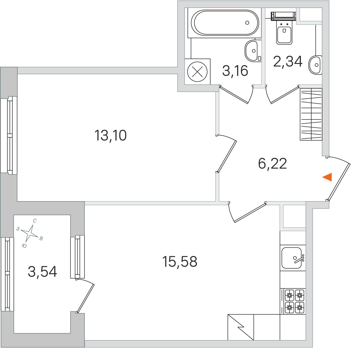 Планировка: 1-комнатная квартира, 40,4 м²
