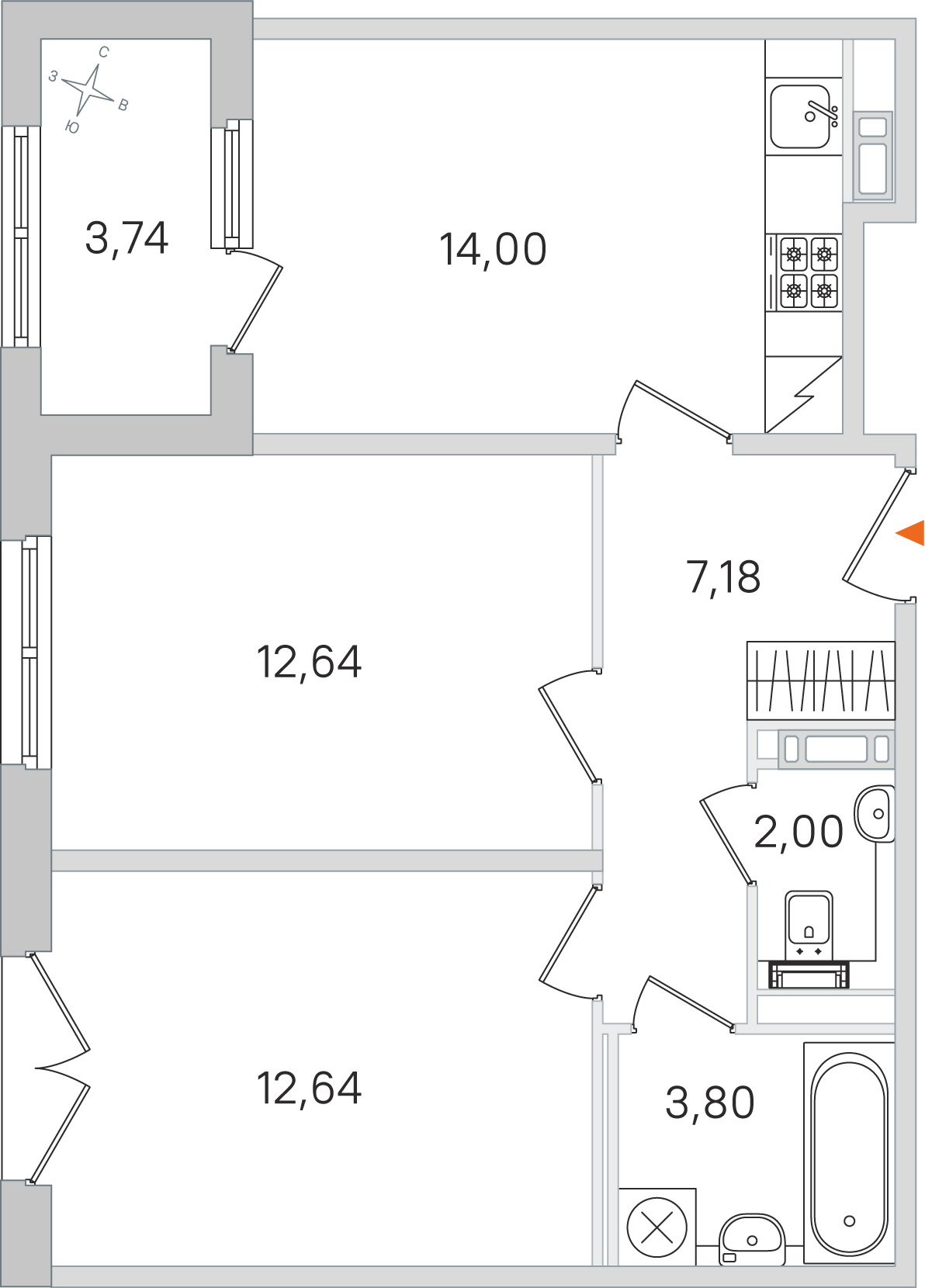 Планировка: 2-комнатная квартира, 52,3 м²