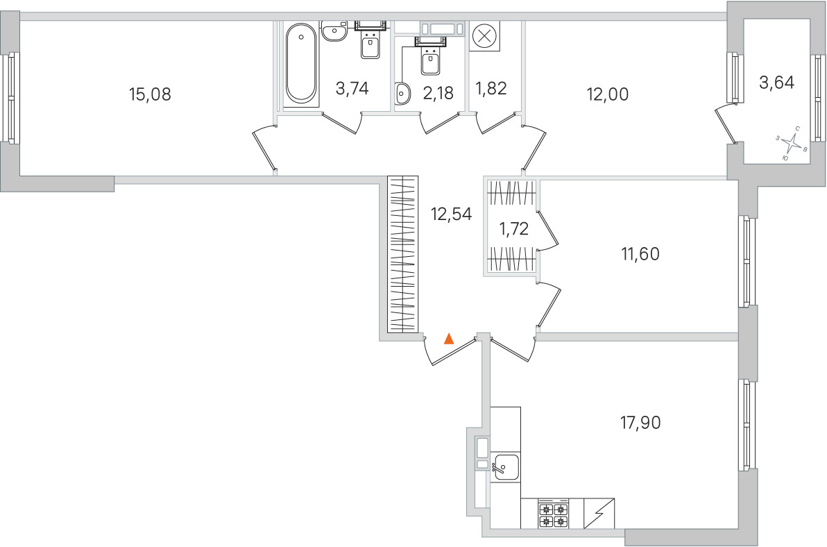 Планировка: 3-комнатная квартира, 78,6 м²