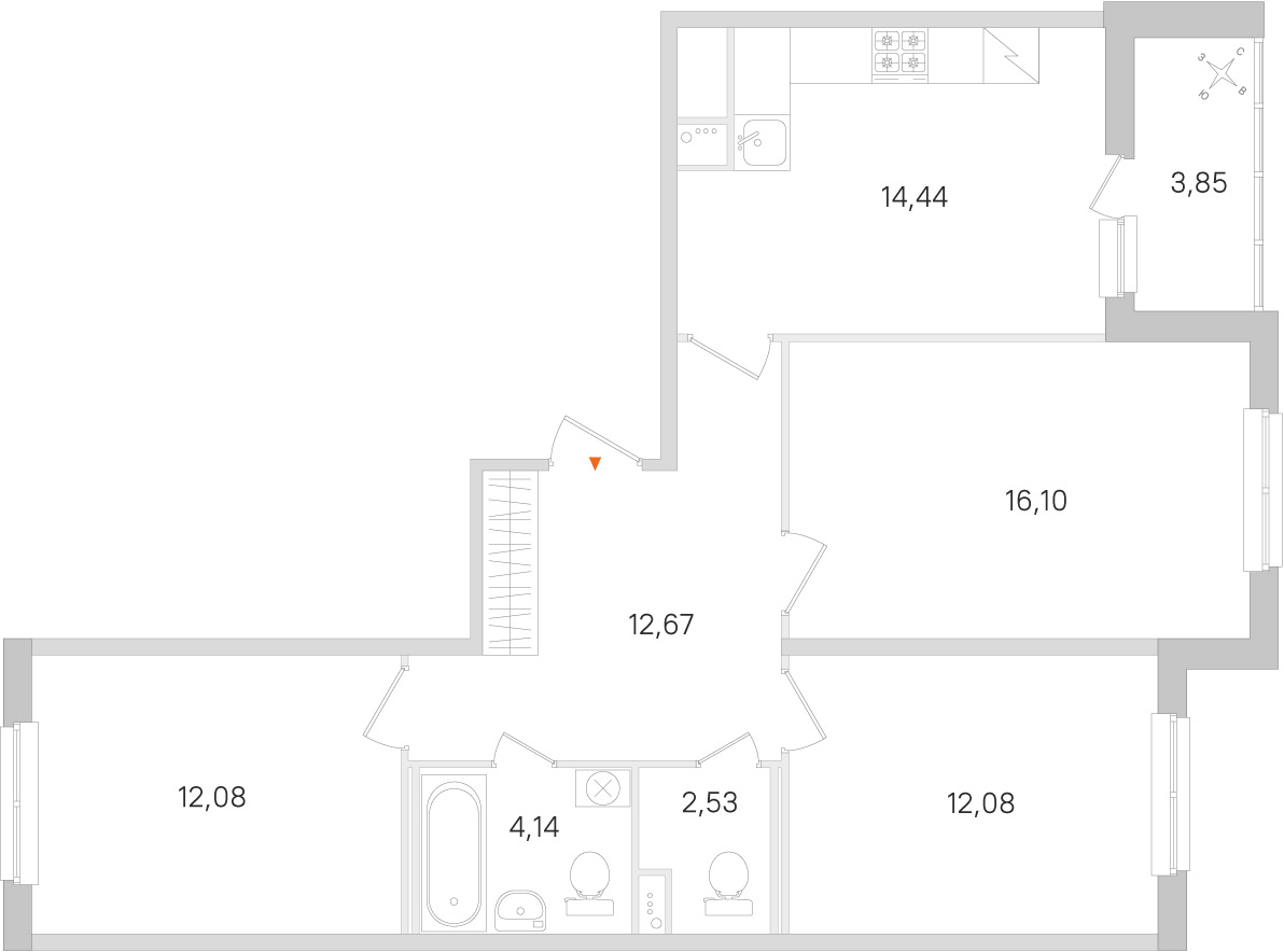 Планировка: 3-комнатная квартира, 74,0 м²