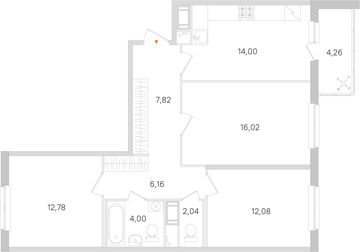 Планировка: 3-комнатная квартира, 74,9 м²