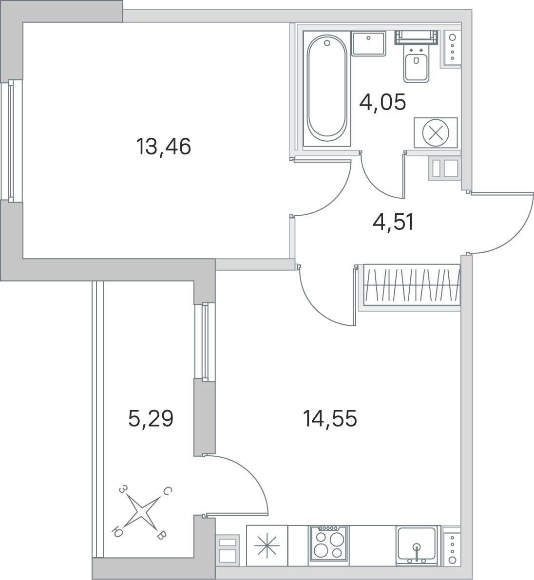 Планировка: 1-комнатная квартира, 36,6 м²
