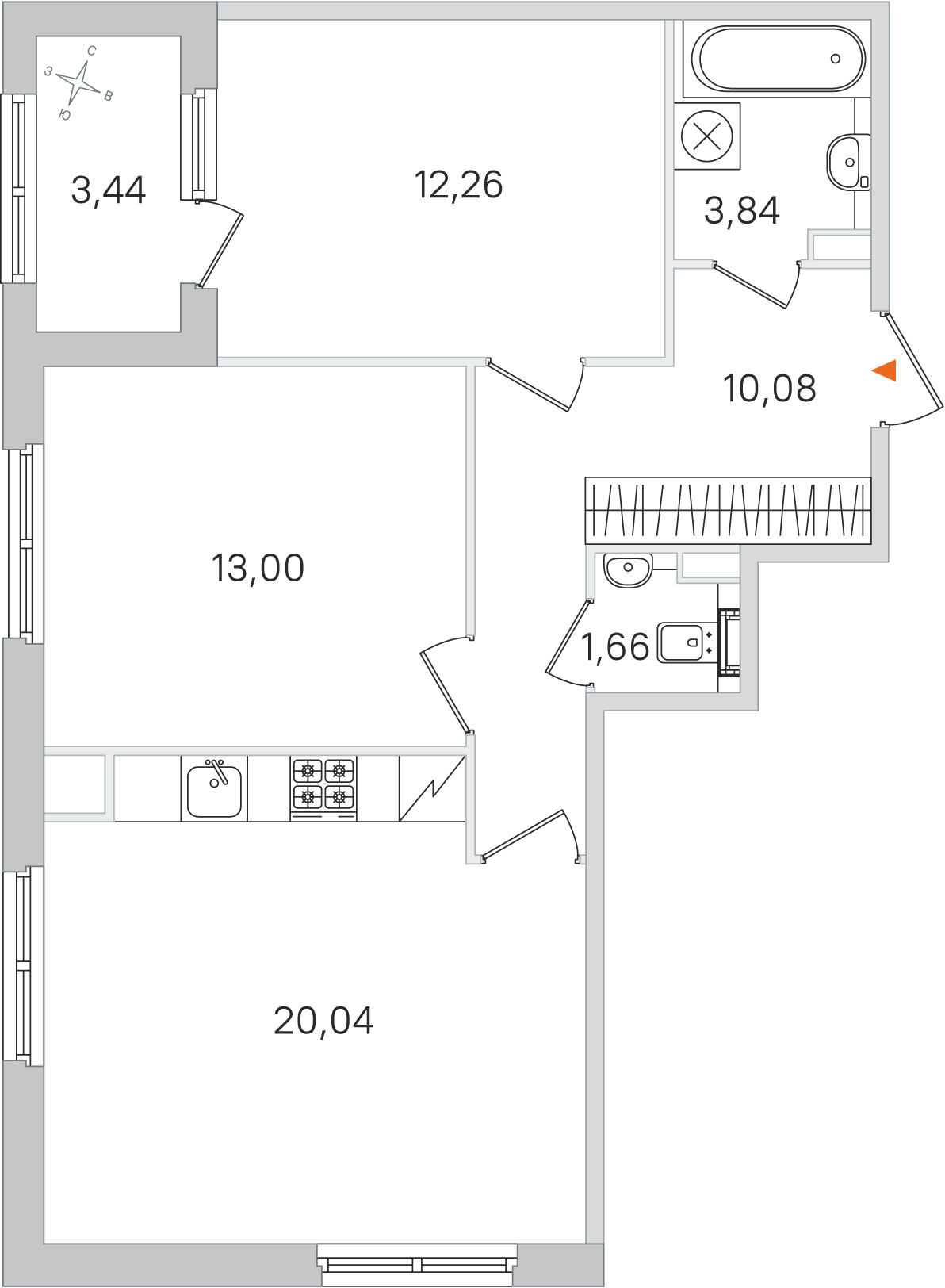 Планировка: 2-комнатная квартира, 60,9 м²
