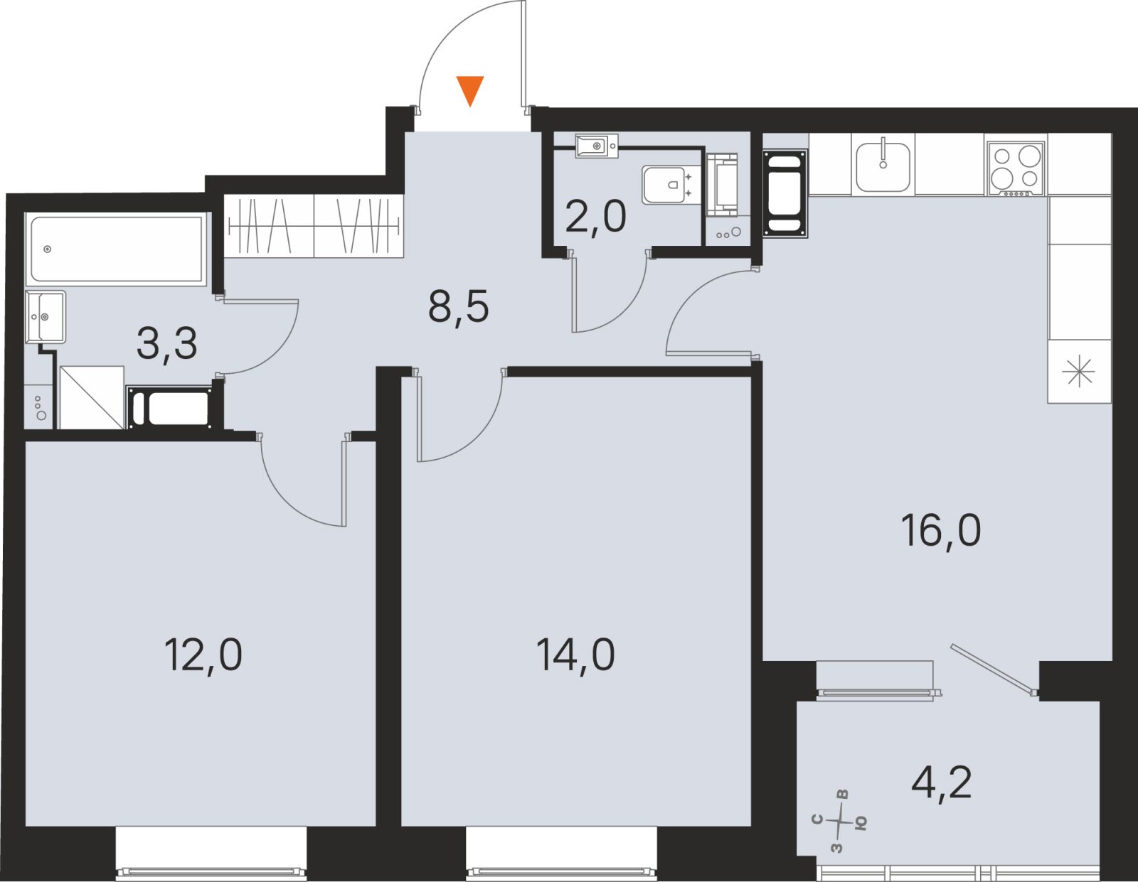 Планировка: 2-комнатная квартира, 55,8 м²