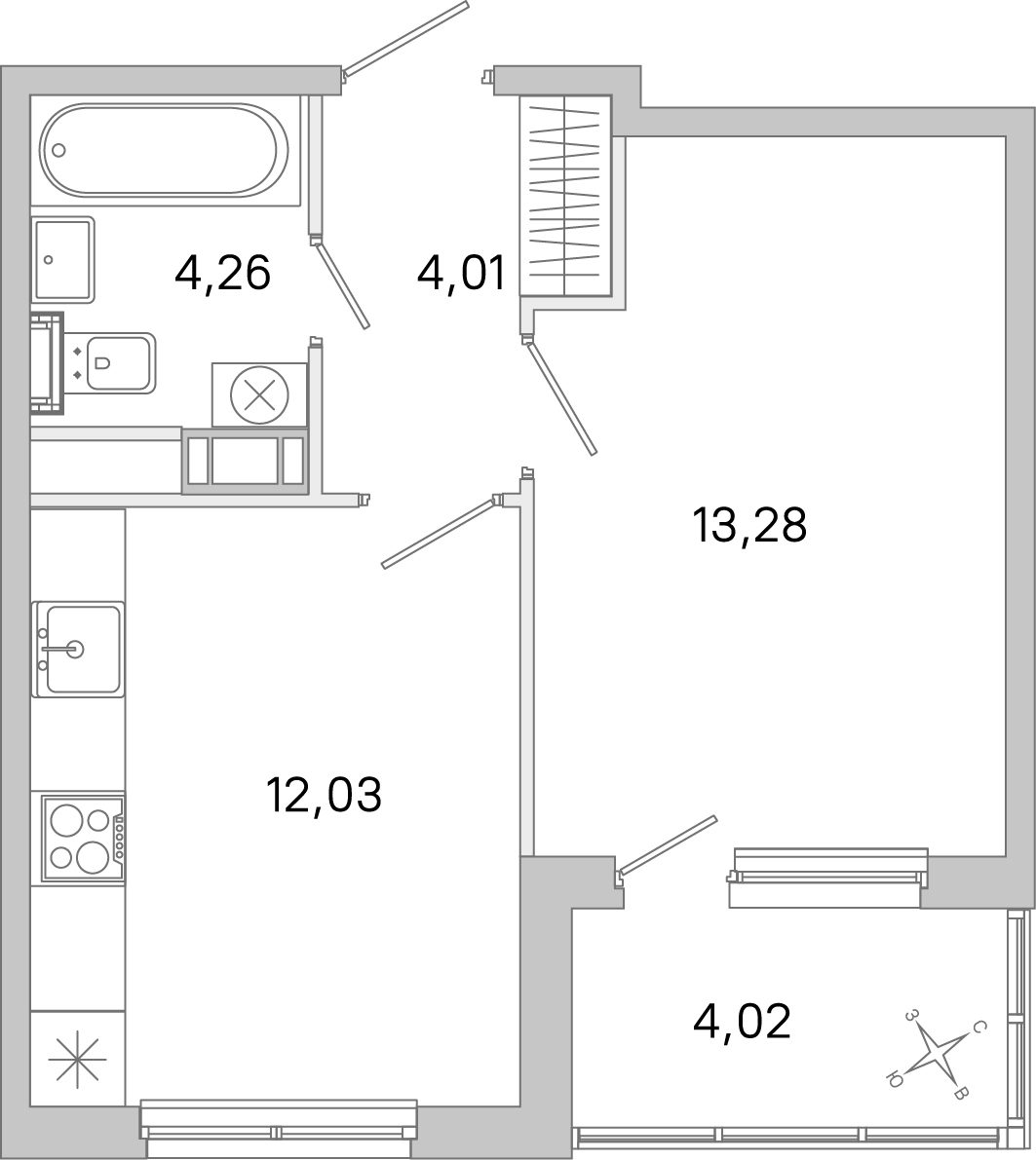 Планировка: 1-комнатная квартира, 33,6 м²