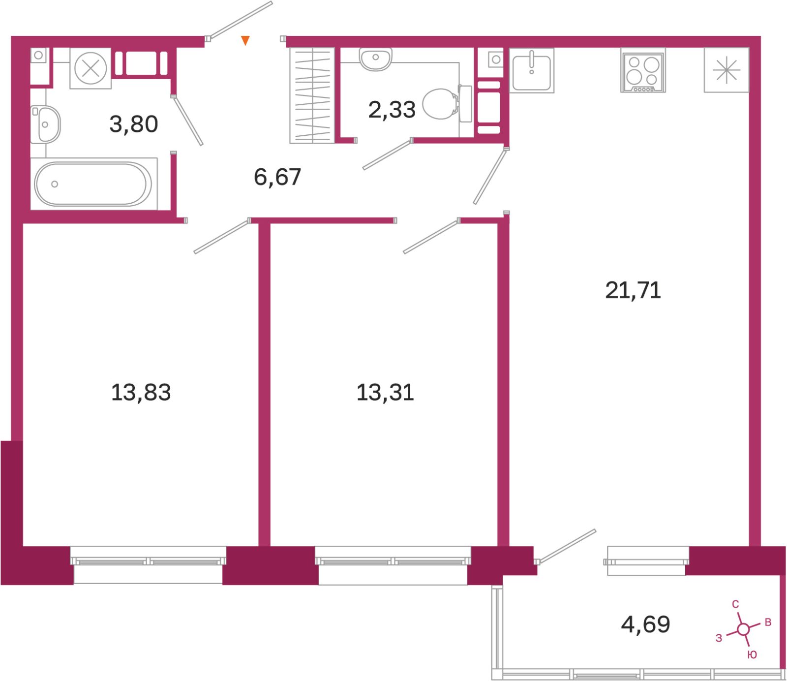 Планировка: 2-комнатная квартира, 61,7 м²
