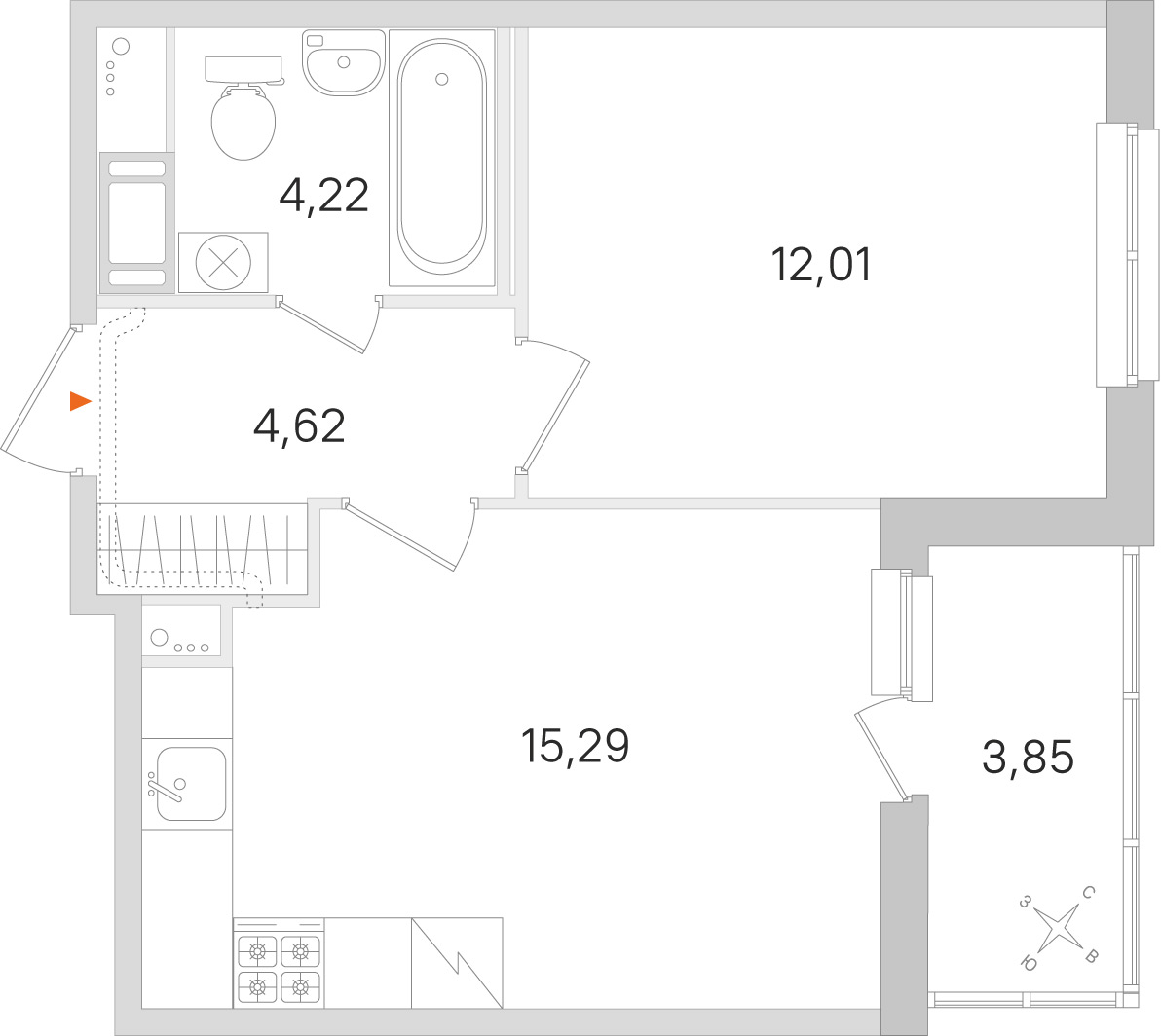 Планировка: 1-комнатная квартира, 36,1 м²