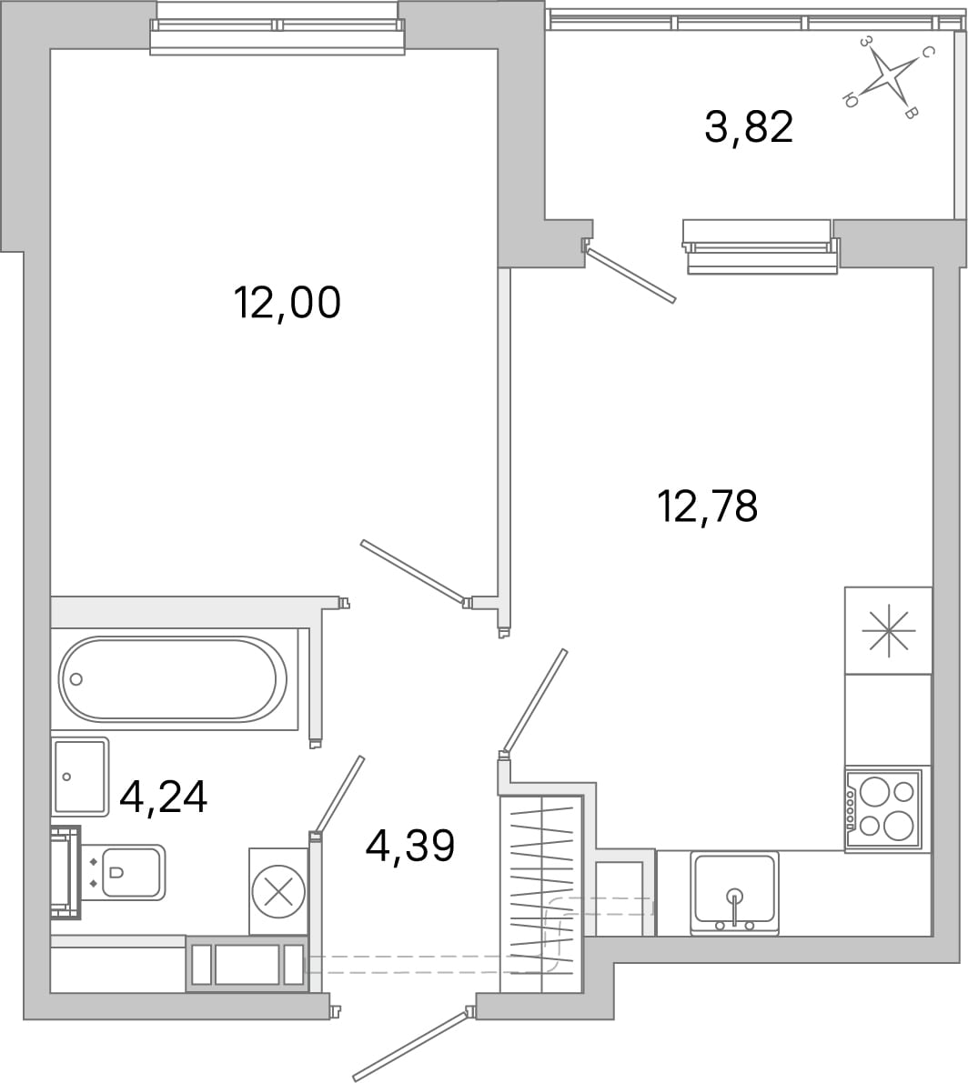 Планировка: 1-комнатная квартира, 33,7 м²