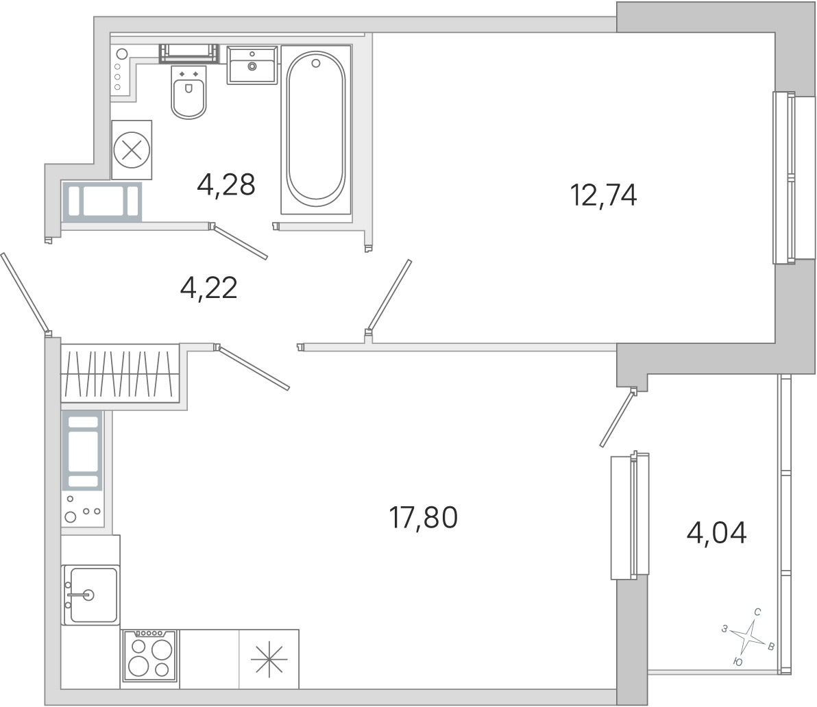 Планировка: 1-комнатная квартира, 39,0 м²